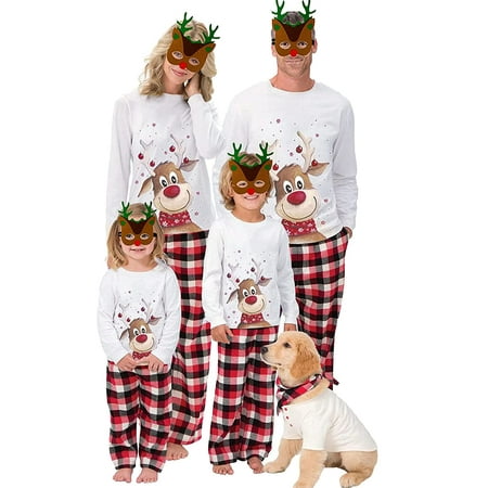

GRNSHTS Matching Family Pajamas Sets Christmas PJ s with Letter Printed Long Sleeve Tee and Plaid Pants Loungewear(classical-Deers Kids 5/6T)