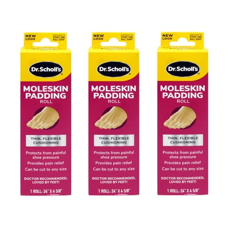 Dr. Scholl's Moleskin Padding ROLL, 1 roll // Thin, Flexible Cushioning & Pain Relief - Cut to Any Size - 24 Inches X 4 5/8 Inches, 3 Pack