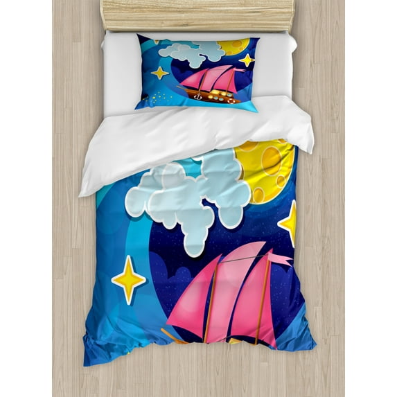 Night Ocean Duvet Cover Set Twin Size, Cartoon Style of Sailing Boat by Full Moon on Storm Waves Print, Decorative 2 Piece Bedding Set with 1 Pillow Sham, Sky Blue and Multicolor, by Ambesonne