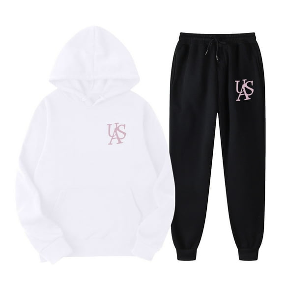 Wyzesi White Sweatshirts Off The Shoulder Women's Two Piece Pants Set with Cute English Print Long Sleeve Hooded Sweatshirt