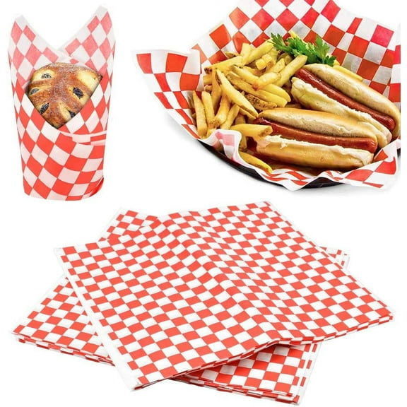 BUZIFU 100 pcs Food Wrap Paper Cake Wrappers Grease-Resistant Deli Sandwich Wrap Paper Waterproof Wax Wrapping Paper for Hamburger/Pizza/Bread/Meat (11.02x10.24inch, Red White Intersect)