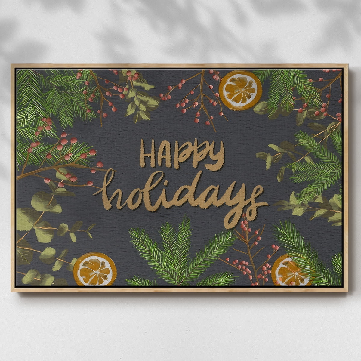 Holiday Sentiment II - Framed Gallery Wrapped Holiday Canvas - 17 x 25 - Natural Wood Frame