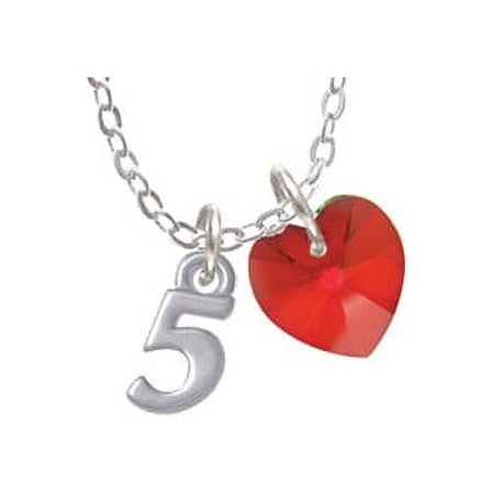 Small Number - 5 - - Red Crystal Heart Sophia Necklace, 18"+1"