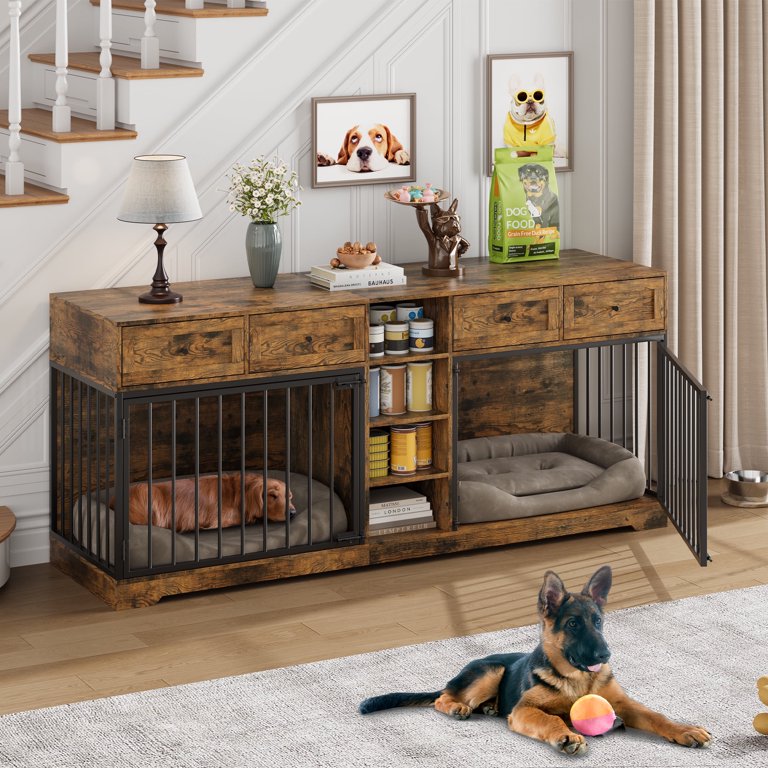 Large Dog Crate With 2 Drawers And 4 Shelves, Wooden Heavy Duty Dog Crate, Decorative Dog Indoor Kennel Furniture Indoor With Storage - Dog Crate And Dog Kennel Price