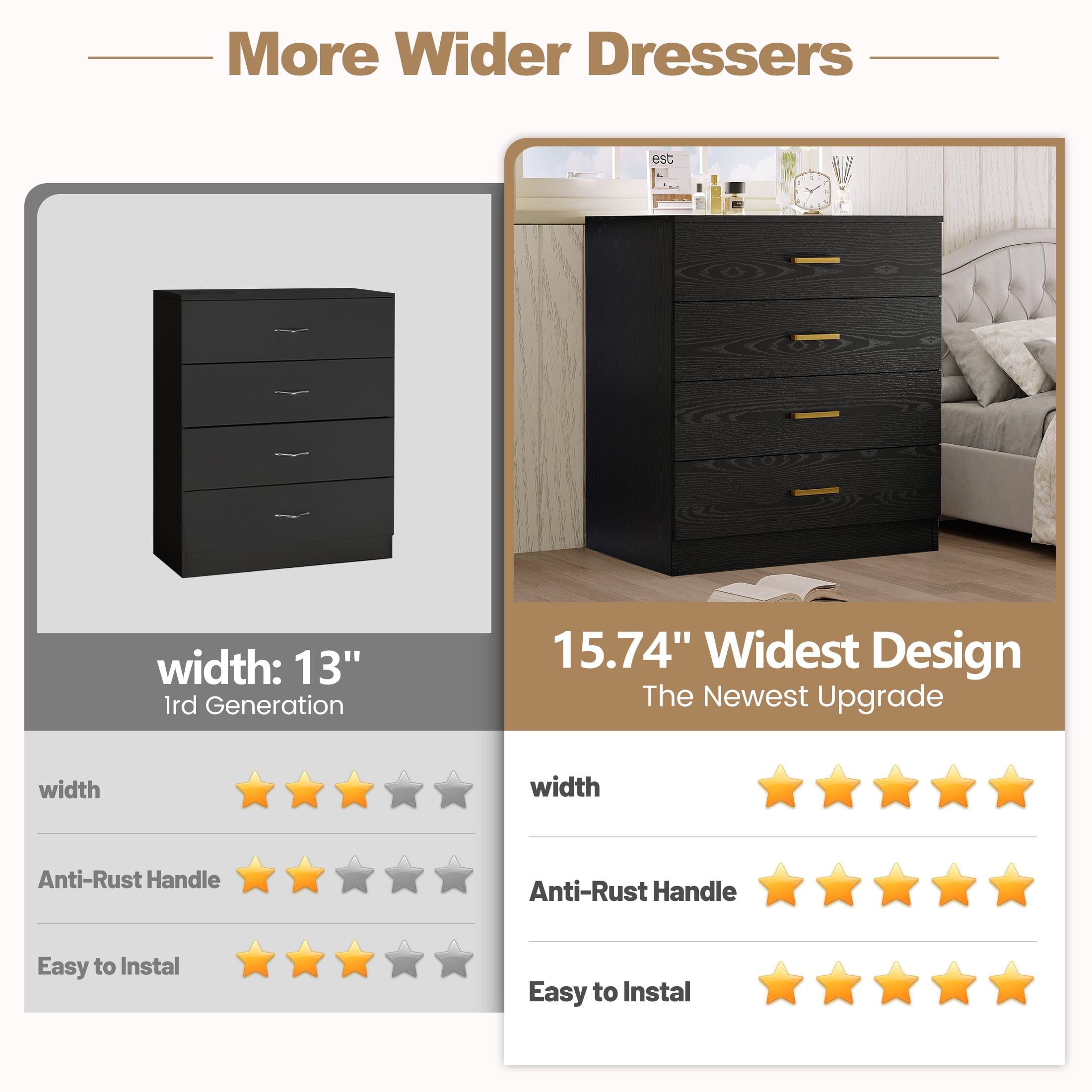 4 Drawers Dresser Bedside Night Stand for Bedroom, Closet, Entryway, Hallway, Black