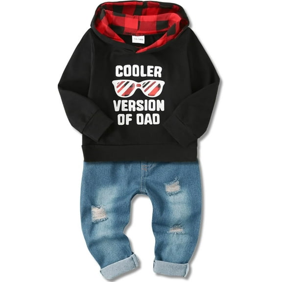 CARETOO Toddler Baby Boy Clothes, Long Sleeve Letter Hoodies Top Ripped Denim Pants 2pcs Fall Winter Outfit Sets 3t