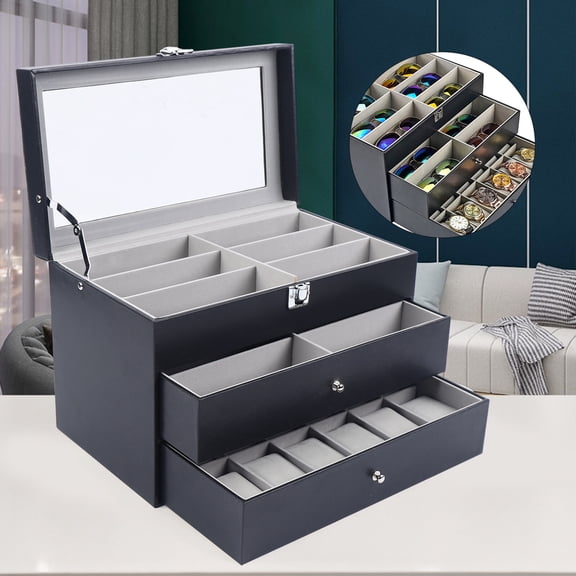3 Tiers Watch and Glasses Display Box, Jewelry Ring Organizer Storage Case for Personal Collection