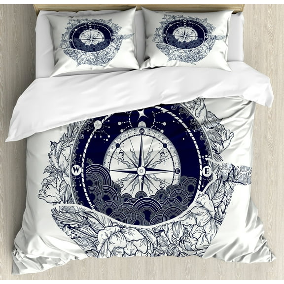 Adventure Duvet Cover Set, Antique Marine Compass and Floral Whale Victorian Vintage, Decorative 3 Piece Bedding Set with 2 Pillow Shams, Queen Size, Dark Blue White, by Ambesonne