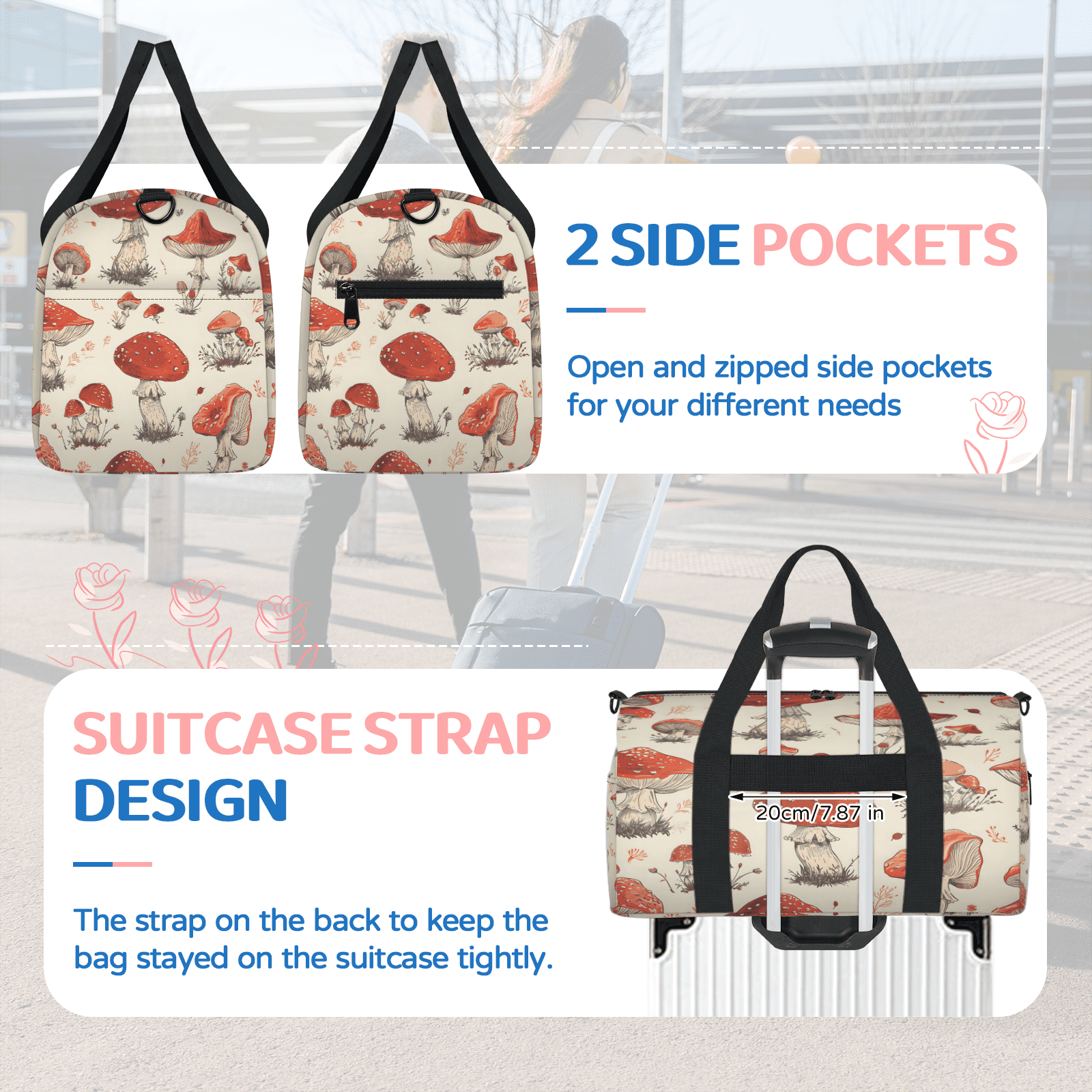 Herdesigns Mushroom Printed Gym Bag for Women, Duffle Bag for Travel Sport, Lightweight Waterproof Carry on Weekender Overnight Dance Yoga Workout Bags