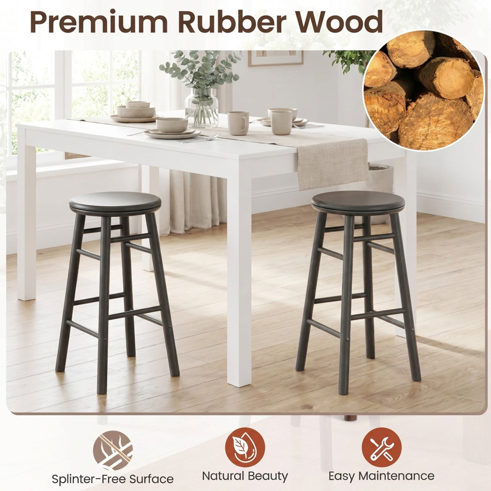 Furnibear 24 Inch Gray Swivel Bar Stools Set of 2 Rubber Wood Counter Chairs with Footrests and Crossbars