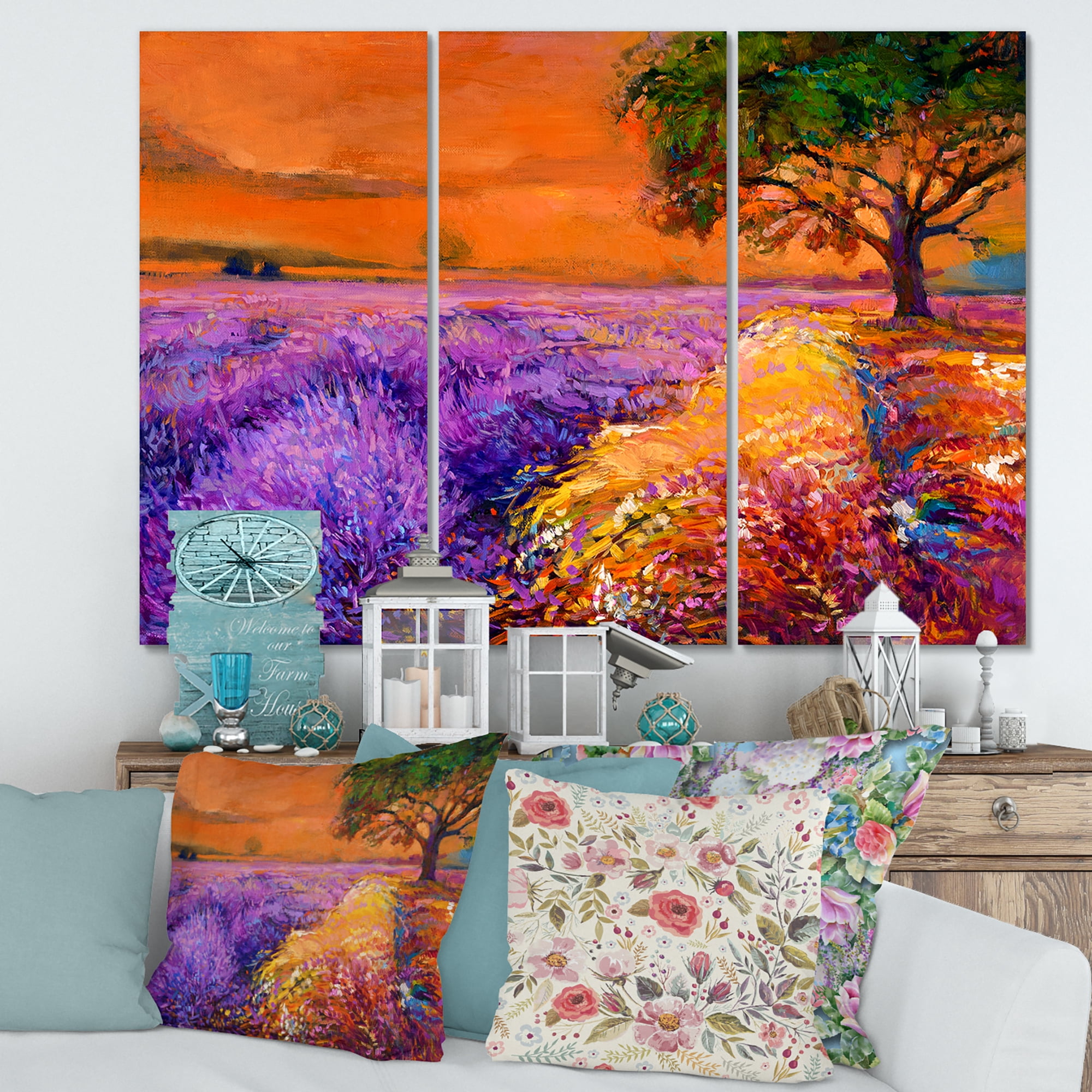 Designart ' An Orange Sunset Over Purple Lavender Fields II ' Farmhouse Canvas Wall Art Print