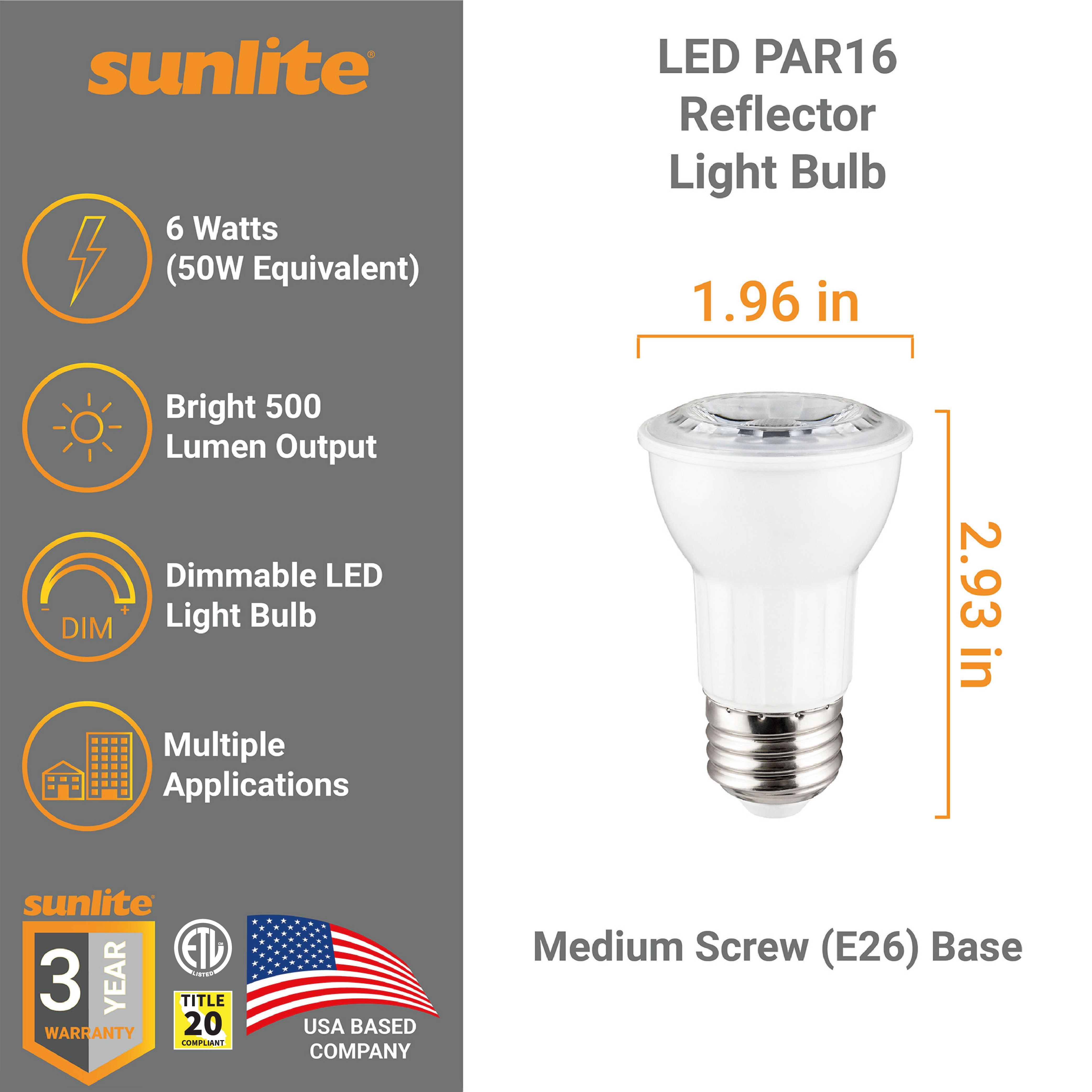 Sunlite LED PAR16 Reflector Light Bulb, 6 Watts (50W Equivalent), Medium E26 Base, Dimmable,ETL Listed, 2700K Soft White, 6-Pack