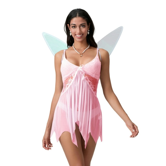 Gupgi Costume de Fée d'Halloween pour Femme, Robe Mini Transparente en Dentelle à Bretelles Spaghetti, Col en V, Décolleté Plongeant, avec Ailes de Papillon