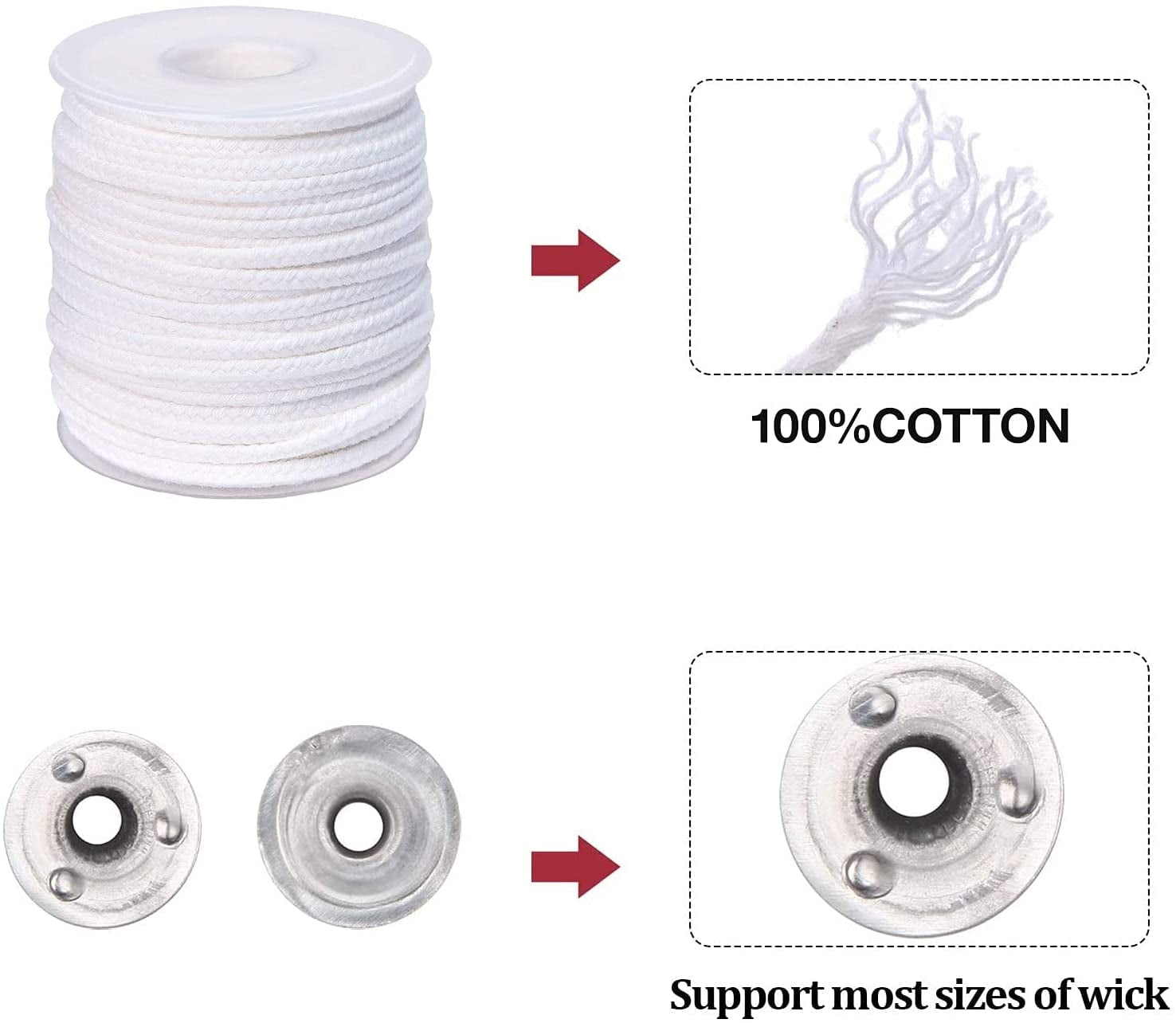 QPZ 200 ft Braided Candle Wicks 100% Cotton 21 PLY for Candle Pillars in 1 3/4 inch Dia, for Paraffin Wax Soy Beeswax Candle Making, Sold Separately 200 PCS Candle Wick Sustainer Tabs Metal 14mm