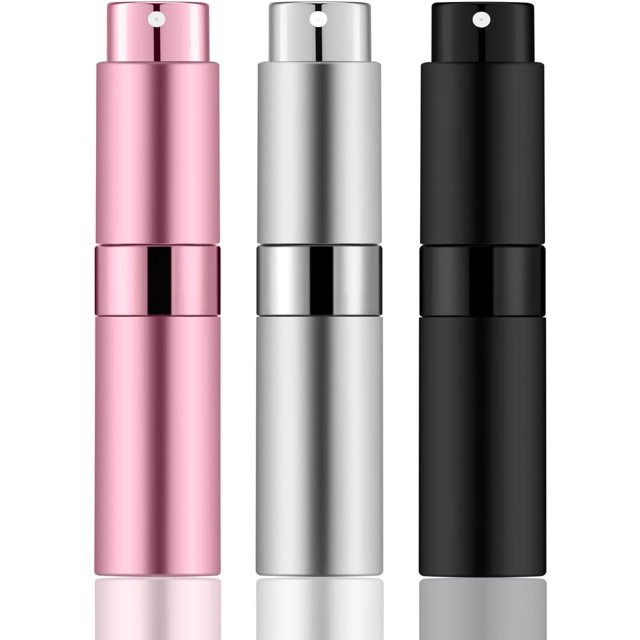 8ml Perfume Travel Refillable, Portable Perfume Atomizer Refillable, Empty Mini Size Spray Bottle for Perfume&Cologne(3 PCS, Matte Black+Silver+Pink
