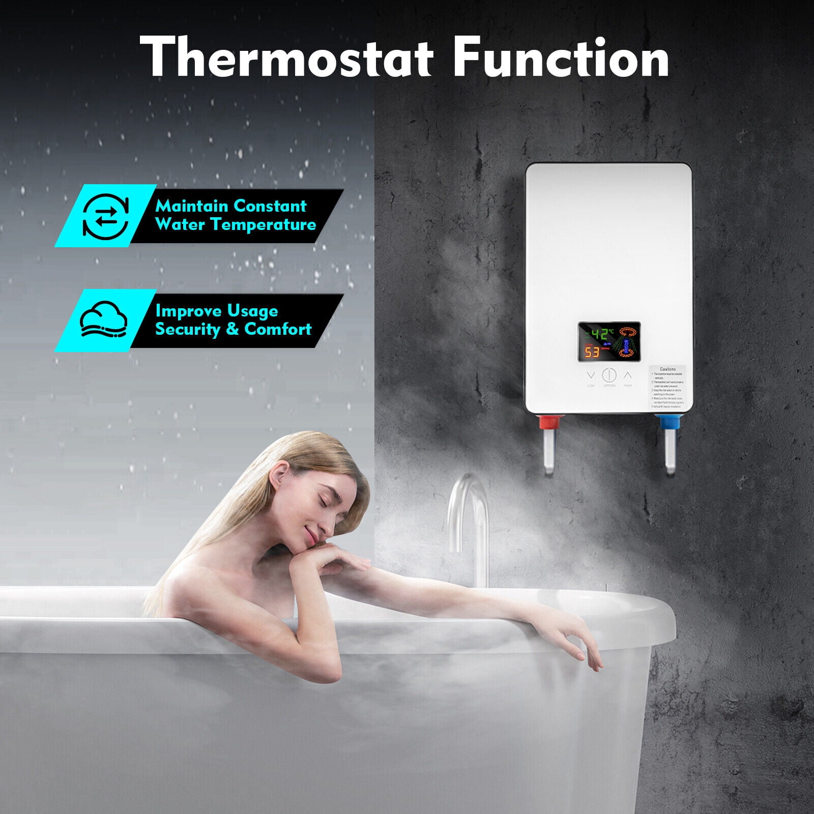 Instant Electric Tankless Hot Water Heater Bathroom Whole House Color Screen + Shower Three-Piece Set 4500W 110V White