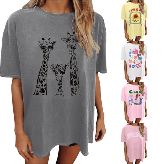 XIAONU Womens Giraffe Graphic Crew Neck T Shirt Loose Oversized Short Sleeve Tops Casual Daily Longline Tee