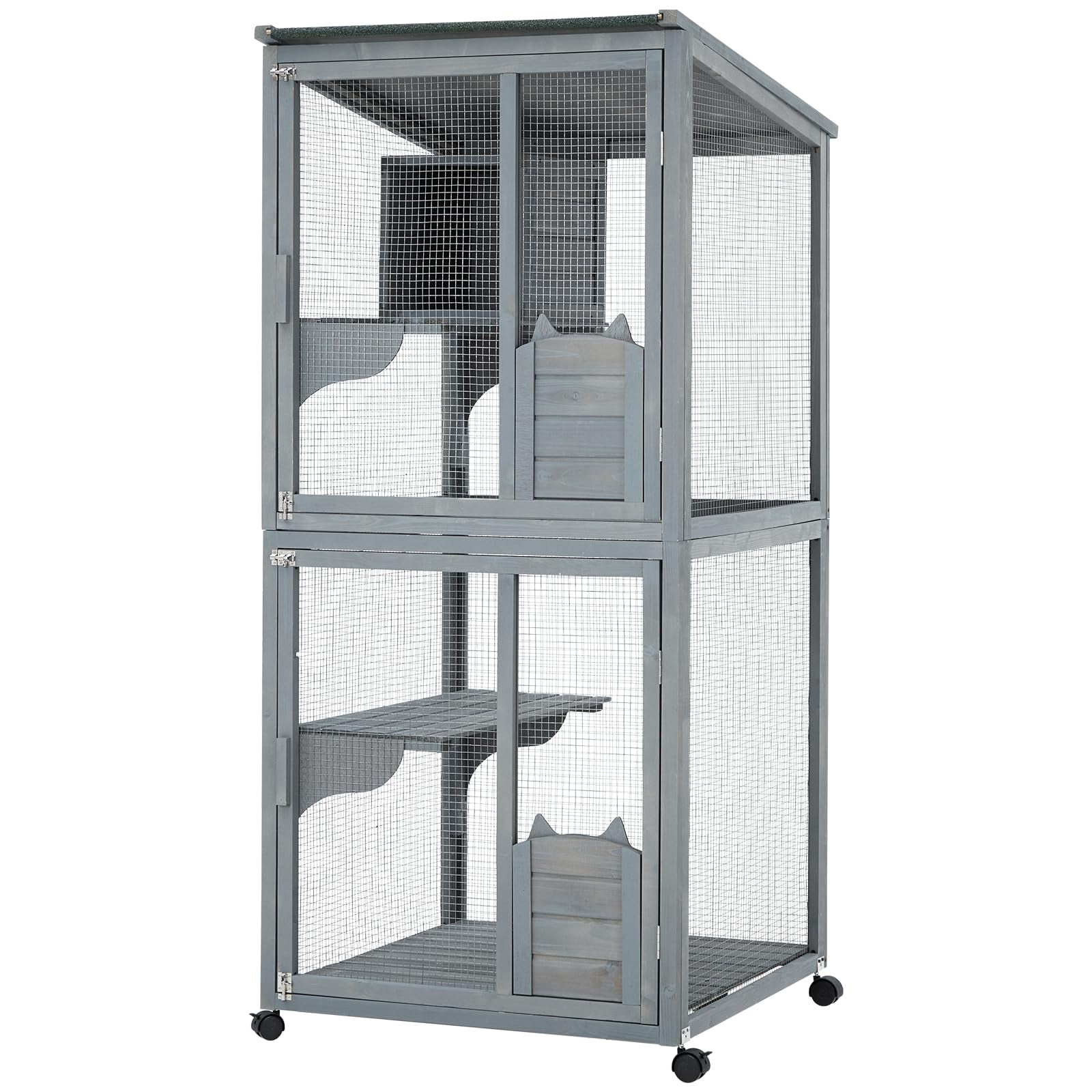 2-Tier Outdoor Cat House, Small Animal Cat Enclosure with 2 Lockable Doors, Catio with Waterproof Cover and Sunshine Panel Roof, Portable Kitty House with Resting Boxes & Fixable Wheels