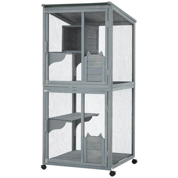 Large 2-Tier Outdoor Cat House, Small Animal Enclosure with 2 Lockable Doors,69" Wooden Catio Outdoor Cat Enclosure Catio with Waterproof Cover and Sunshine Panel Roof, Portable Kitty House with Resti