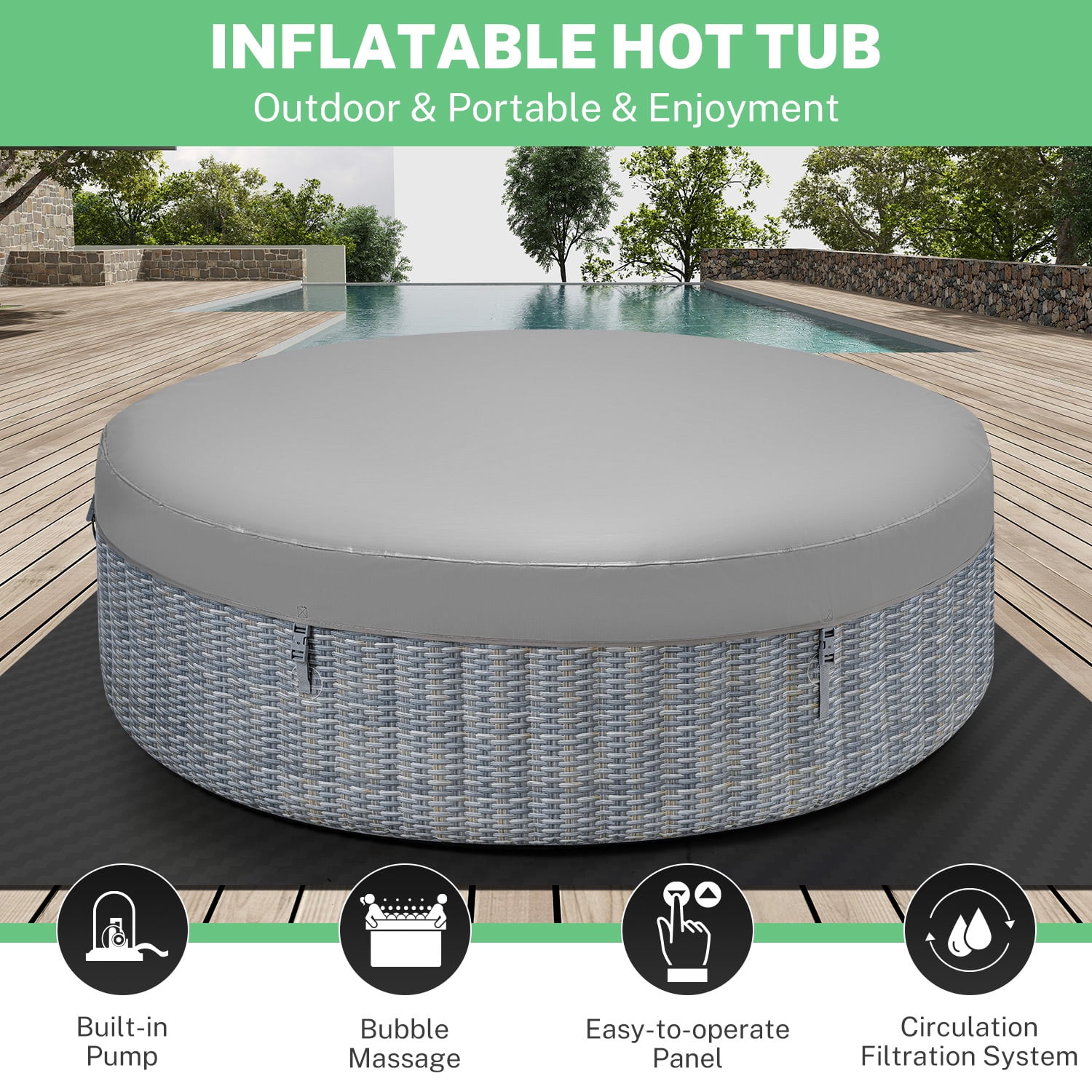 6-8 Person Portable Hot Tub w/Cup Holder, 82''Dia Inflatable Home Spa Tub with Hidden Machine, 130 Massage Jets, Rattan Pattern Hot Tub with Storage Bag Lockable Cover Floor Mat, 4 Filters, Max 104℉