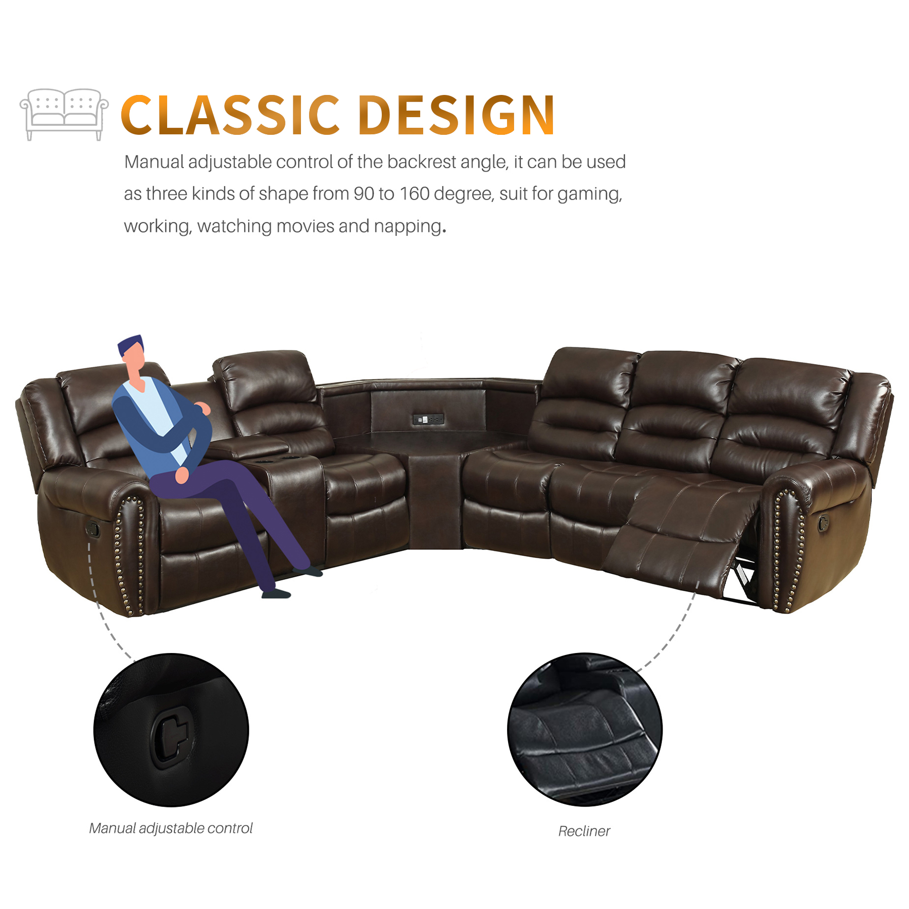 Nathaniel Home Sofa Set with Storage and Cup Holders, Living Room Reclining Couch, PU Leather Love Seat 5 Seater Theater Seating Brown