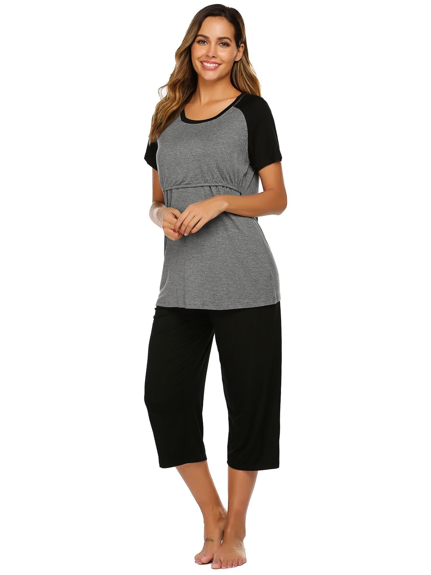 Ekouaer Double Layers Labor/Delivery/Nursing Maternity Pajamas Capri Set Baseball Shirt,Adjustable Size 