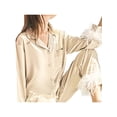 thumbnail image 4 of Women Silk Satin Pajamas Set Button Down Long Sleeve Sleepwear Feather Trim Nightwear Loungewear Pj Set, 4 of 7