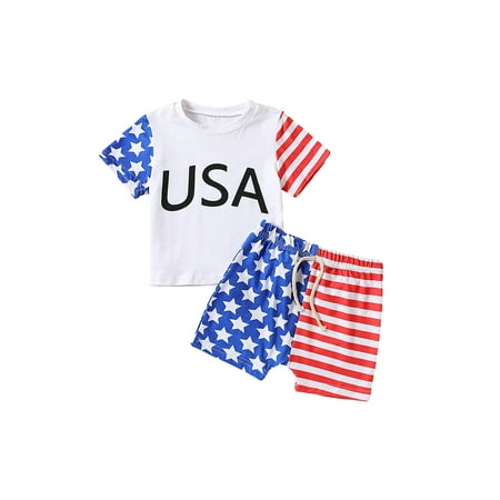 

Independence Day Infant Baby UAS Letter Print Short Sleeve T-Shirts Stripe Stars Print Shorts Set 4th of July Outfits