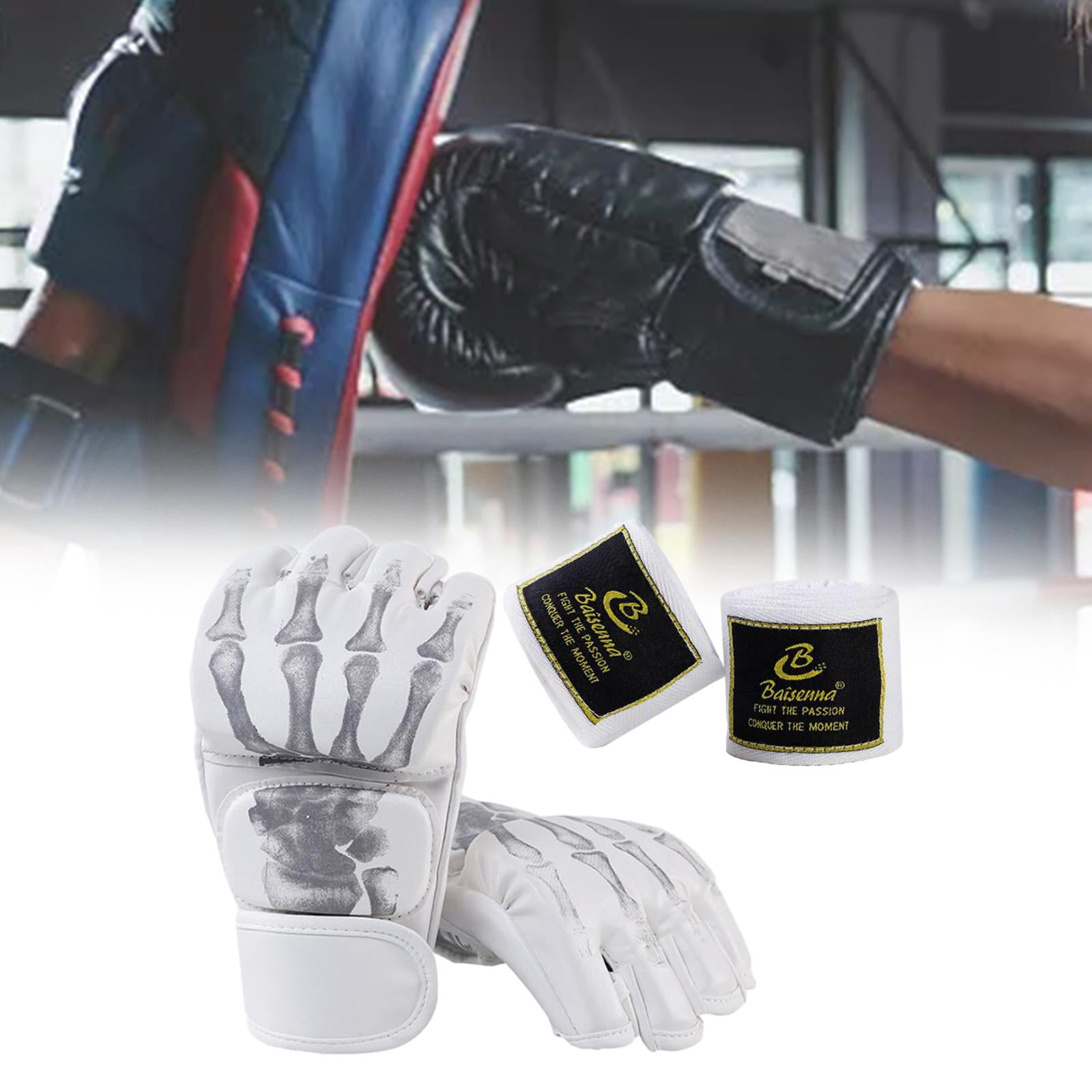 harayaa Boxing Gloves Protective Gear Open Palm MMA Half Mitts Lightweight Breathable PU White Skeleton