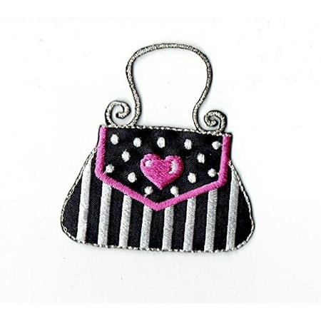 Pakistani Fashion Designers - Purse - Black/Silver - Designer Handbag - Pink Heart - Fashion - Iron on Applique/Embroidered Patch