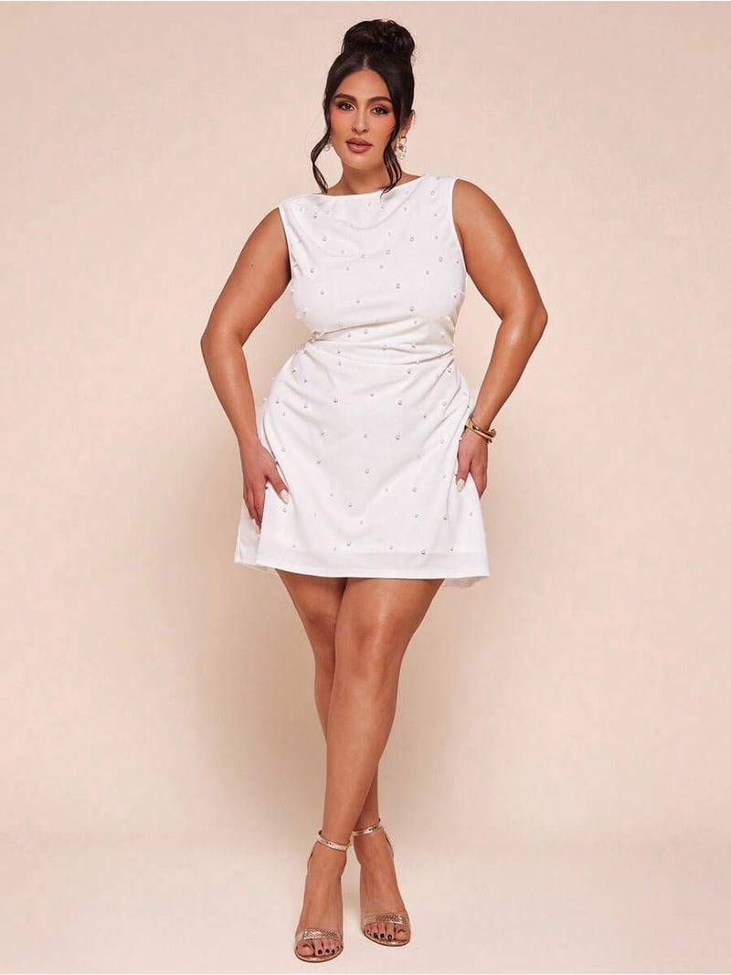 White Plus Size Sleeveless Round Neck Ruched Waist Mini Dress With Beaded Detail For Cocktail And Date Events