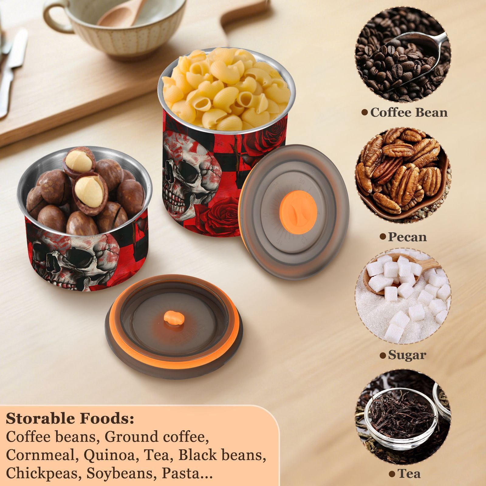 Skull Red Rose Flower Airtight Coffee Bean Canister 30oz Food Storage Containers with Lids For Gournd, Tea, Sugar, Flour, Rice, Cereal, Candy Cookie Jar