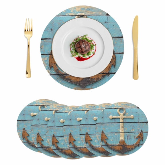 Vintage Anchor Round 15 Inch Placemats Set of 6, Coastal Nautical Blue Brown Wooden HeatResistant Non Slip Place Mats for Dining Table, Wipeable Braided Kitchen Table Mats for Housewarming