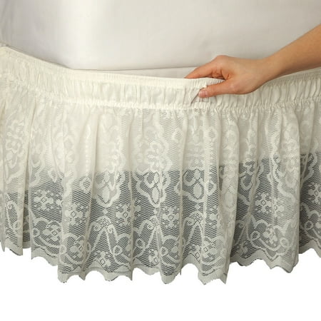 - Lace Trimmed Elastic Bed Wrap, Easy Fit Dust Ruffle Bedskirt, Queen/King, Ivory