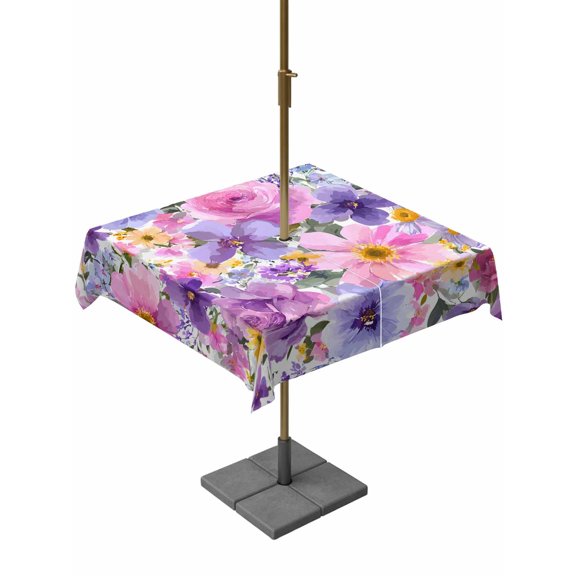 Outdoor Tablecloth with Umbrella Hole for Patio/Picnic/Party/Camping, Farmhouse Flowers Waterproof Table Cloth Square Cover Washable, Spring Watercolor Purple Pink Floral (60"x 60")