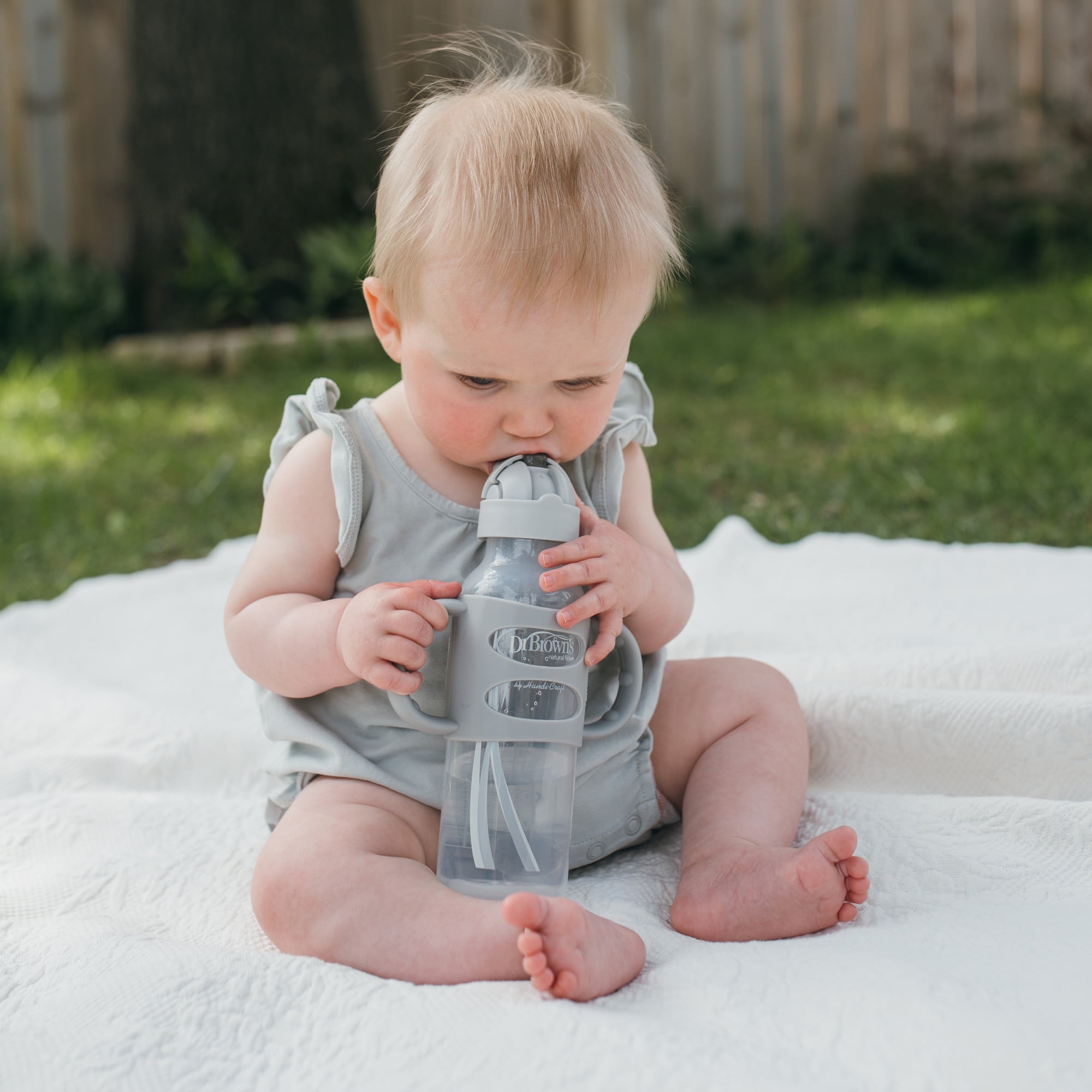 Dr. Brown's Milestones Narrow Sippy Straw Bottle, 100% Silicone Handles, 9oz/270ml, 6m+, Gray, 1 Pack