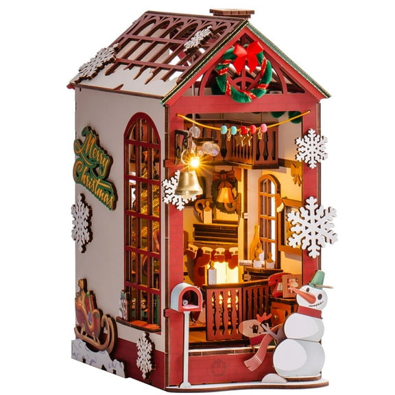 Rolife Book Nook Kit with LED Lights, DIY Miniature Dolls House Kit 3D Wooden Puzzle Booknook Book Shelf Decoration Gift, Christmas House
