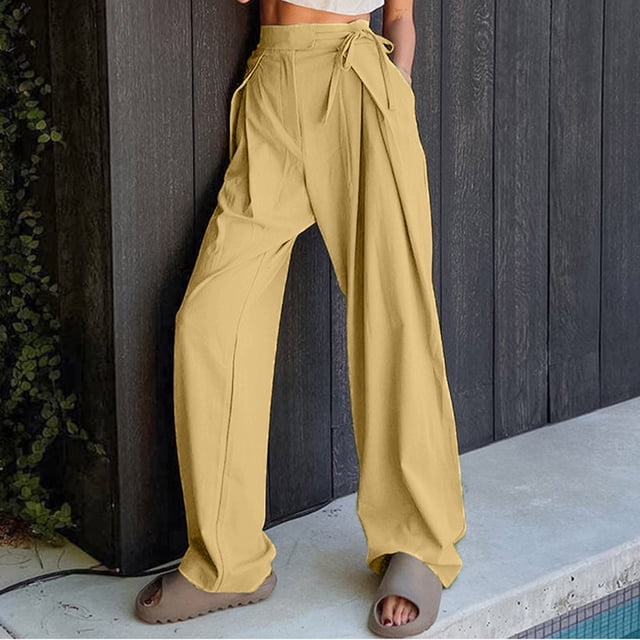 AherBiu Womens Pants Trendy High Waisted Drawstring Wide Leg Trousers Straight Leg Loose Solid Color Casual Pants with Pockets