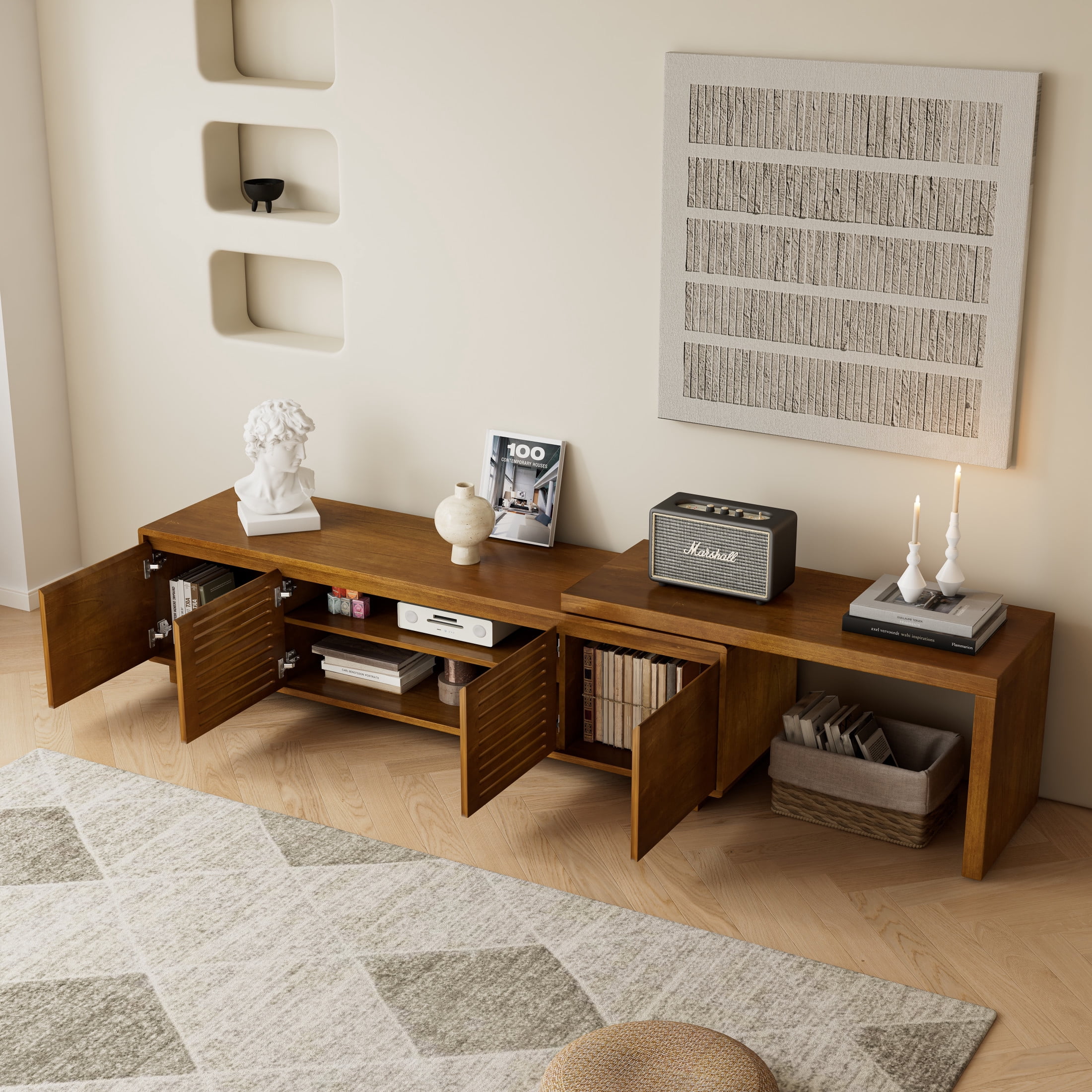 GDF Studio 62.6" Extendable TV Stand for TVs up to 75", Media Console with Storage, Brown Ebony