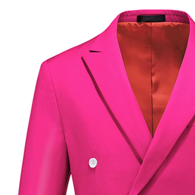 LNWUY Mens Slim Fit 2 Piece Suit Double Breasted Blazer Dress Pants Jacket Sets for Wedding Business Casual Long Sleeved Jacket Long Pants Suit Set Hot Pink XXL