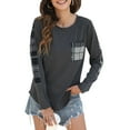 thumbnail image 1 of Top de mujer con cuello redondo, blusa holgada de manga larga con retales a cuadros, blusa para mujer con bolsillo en el pecho, gris XL, 1 of 6