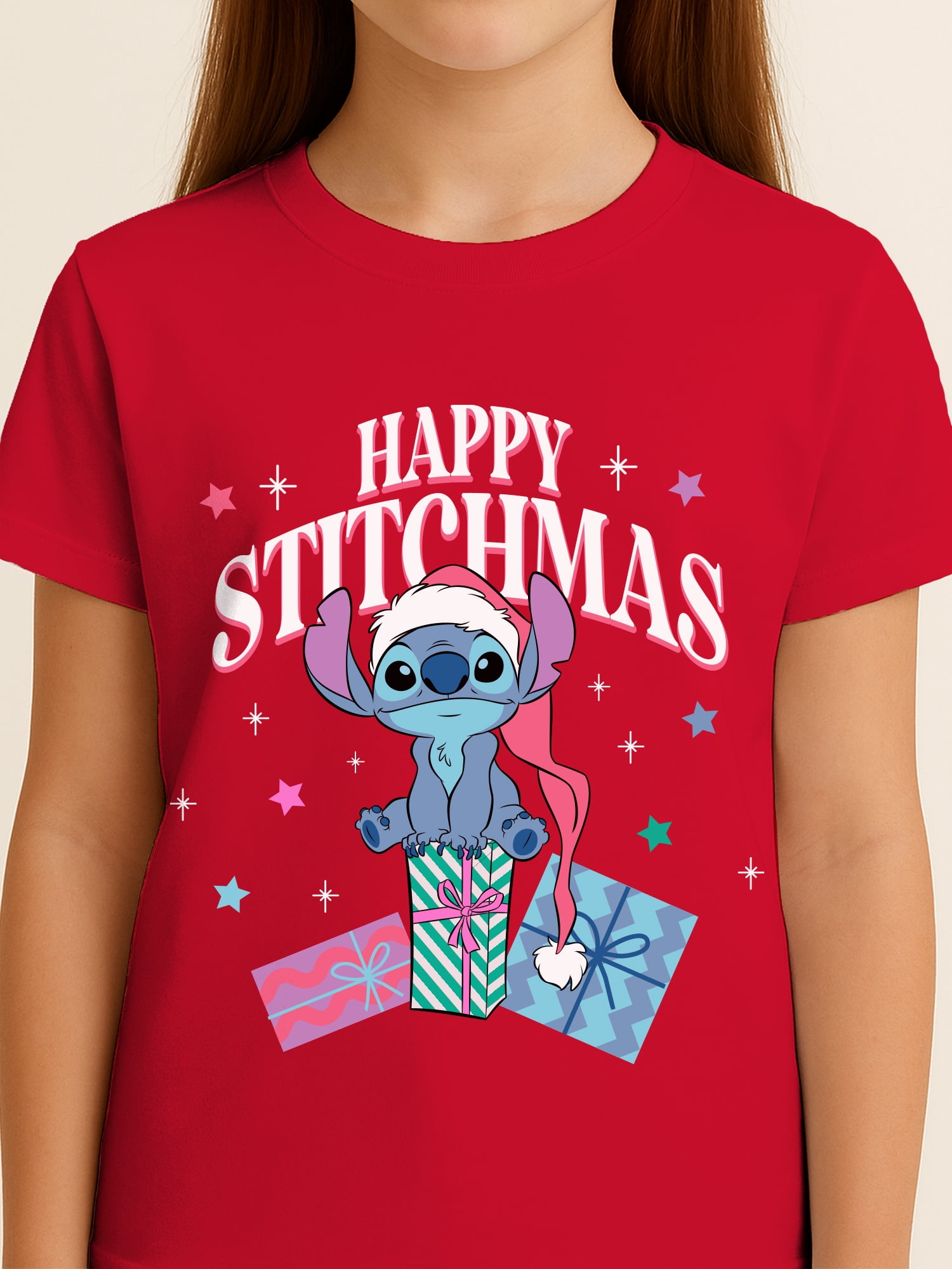 Lilo and Stitch Happy Stitchmas Girls Graphic Tee with Short Sleeves, Sizes 4-16