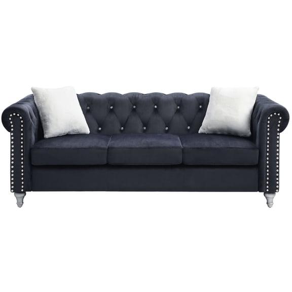 Raisa 83" Black Velvet 3-Seater Sofa With 2-Throw Pillow