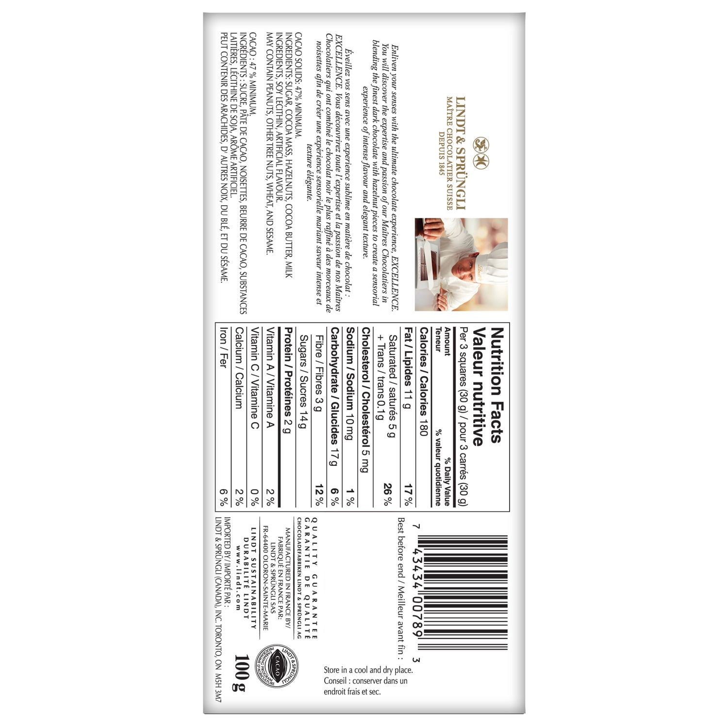 Chocolat noir Lindt EXCELLENCE Noisettes grillées – Barre (100 g)