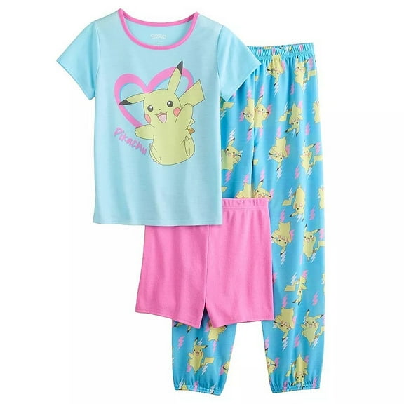 Girl's Pokemon Pickachu 3-Piece Short-Sleeved Character Pajama Set, Size 10