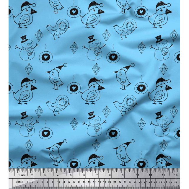 Soimoi Blue Heavy Satin Fabric Heart & Birds Cartoon Decor Fabric Printed Yard 54 Inch Wide