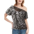 thumbnail image 1 of Womens Short Sleeve One Shoulder Sparkly Glitter Sequin Top Shirt, 1 of 5