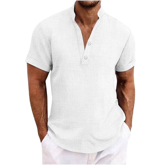 HomeGardon Linen Shirts for Men Short Sleeve Button Down Casual Plain Stand-up Collar Summer Tops White,XL