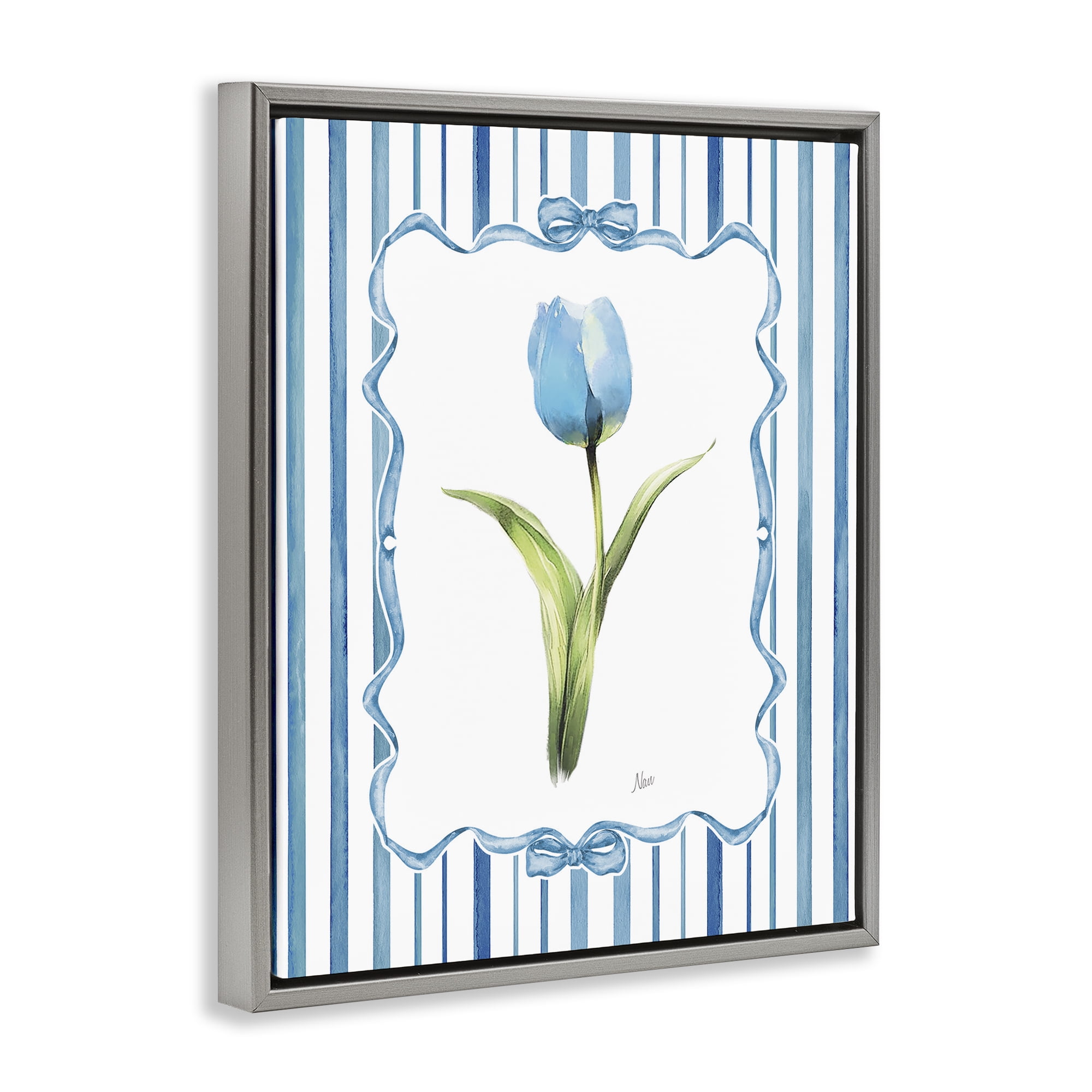 Stupell Industries Single Blue Tulip Stripes Gray Framed Floater Canvas Wall Art, design by Nan
