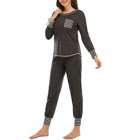 

2Pcs Pajama Set For Women Long Sleeve Tops + Long Pants Comfy Nightwear Sleepwear Ladies Striped Crew Neck T Shirt Trousers Homewear